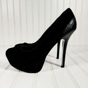H by Halston Black Suede Leather Snakeprint Platform Heel Pumps A 375